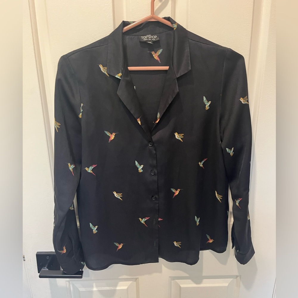 Topshop Black Bird Print Women's Blouse